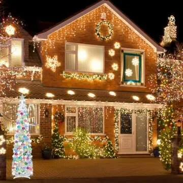 5 Ft Artificial Christmas Tree Pop-Up Collapsible Pencil Christmas Trees with 100 Color, Bright Artificial Tinsel Pencil Tree with Ball Star for Indoor Outdoor Christmas Decorations