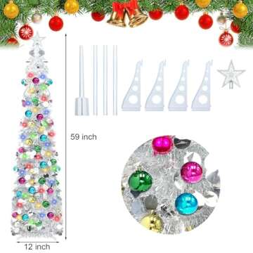 5 Ft Artificial Christmas Tree Pop-Up Collapsible Pencil Christmas Trees with 100 Color, Bright Artificial Tinsel Pencil Tree with Ball Star for Indoor Outdoor Christmas Decorations