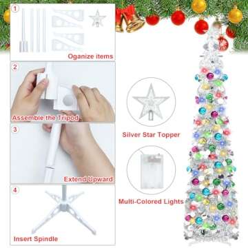 5 Ft Artificial Christmas Tree Pop-Up Collapsible Pencil Christmas Trees with 100 Color, Bright Artificial Tinsel Pencil Tree with Ball Star for Indoor Outdoor Christmas Decorations