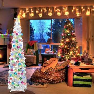 5 Ft Artificial Christmas Tree Pop-Up Collapsible Pencil Christmas Trees with 100 Color, Bright Artificial Tinsel Pencil Tree with Ball Star for Indoor Outdoor Christmas Decorations