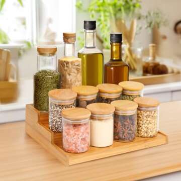 ComSaf Bamboo Spice Rack with 12Pcs 6oz Jars and Labels, 3 Tier Organizer for Cabinet, Table, Pantry