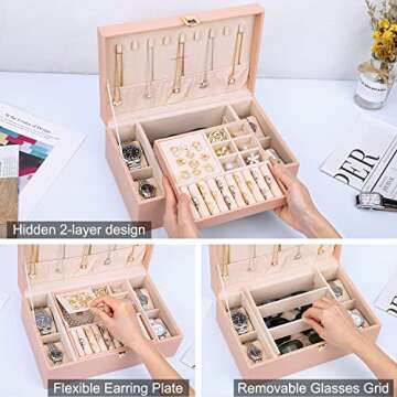 LANDICI Jewelry Box Organizer for Women, 2 Layer 4 Slot Watch Storage Case with Removable Tray, PU L...