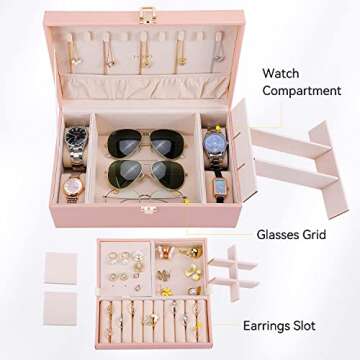 LANDICI Jewelry Box Organizer for Women, 2 Layer 4 Slot Watch Storage Case with Removable Tray, PU Leather Large Jewellery Holder Display for Watches Sunglasses Rings Earrings Necklace, Pink