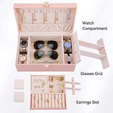 LANDICI Jewelry Box Organizer for Women, 2 Layer 4 Slot Watch Storage Case with Removable Tray, PU Leather Large Jewellery Holder Display for Watches Sunglasses Rings Earrings Necklace, Pink