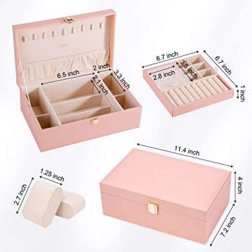 LANDICI Jewelry Box Organizer for Women, 2 Layer 4 Slot Watch Storage Case with Removable Tray, PU Leather Large Jewellery Holder Display for Watches Sunglasses Rings Earrings Necklace, Pink