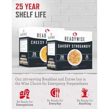 READYWISE - Breakfast & Entrée Box Kit, 100 Servings, 5 Boxes, Freeze Dried Food, MRE, Emergency Kit, for Hiking, Camping Essentials, Hurricane Preparedness Items, & Food Storage, 25-Year Shelf Life