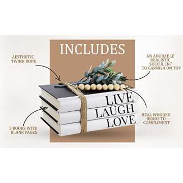Live|Laugh|Love Decorative Books - Set of 3 Faux Coffee Table Books for Home Decor and Shelves