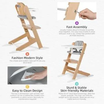 Cowiewie 3-in-1 Convertible Baby Natural Wooden Highchair with EVA Cushions with2 Tray, 8 Adjustable High Chairs for Babies/Toddlers/Adults,5-Point Harness & 2 Waterproof Cozy Cushion Gray