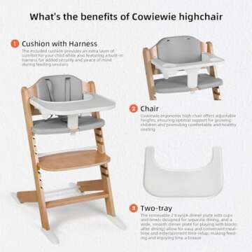Cowiewie 3-in-1 Convertible Baby Natural Wooden Highchair with EVA Cushions with2 Tray, 8 Adjustable High Chairs for Babies/Toddlers/Adults,5-Point Harness & 2 Waterproof Cozy Cushion Gray