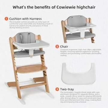Cowiewie 3-in-1 Convertible Baby Natural Wooden Highchair with EVA Cushions with2 Tray, 8 Adjustable High Chairs for Babies/Toddlers/Adults,5-Point Harness & 2 Waterproof Cozy Cushion Gray