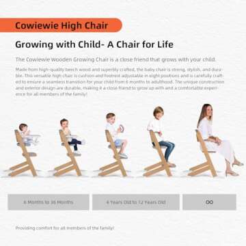 Cowiewie 3-in-1 Convertible Baby Natural Wooden Highchair with EVA Cushions with2 Tray, 8 Adjustable High Chairs for Babies/Toddlers/Adults,5-Point Harness & 2 Waterproof Cozy Cushion Gray