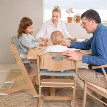 Cowiewie 3-in-1 Convertible Baby Natural Wooden Highchair with EVA Cushions with2 Tray, 8 Adjustable High Chairs for Babies/Toddlers/Adults,5-Point Harness & 2 Waterproof Cozy Cushion Gray