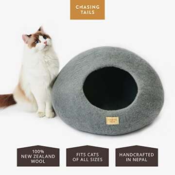 Chasing Tails Handcrafted Cat Cave Bed - New Zealand Wool Eco-Friendly Cat Beds for Indoor Cats Cave...