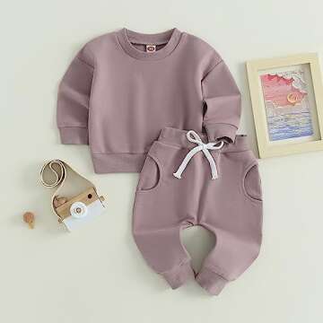 Fernvia Toddler Baby Girl Clothes 3 6 9 12 18 24 Months Fall Outfits Solid Long Sleeve Sweatshirt Tops + Pants Set (A-Purple, 6-12 Months)