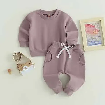 Fernvia Toddler Baby Girl Clothes 3 6 9 12 18 24 Months Fall Outfits Solid Long Sleeve Sweatshirt Tops + Pants Set (A-Purple, 6-12 Months)