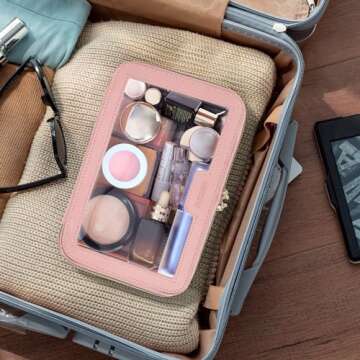 Soimeat Clear Makeup Bag, Leather Travel Makeup Case Toiletry Bag, Portable Cosmetic Bag Case, Transparent Waterproof Cosmetic Organizer Storage Bag for Women, Pink