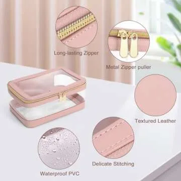Soimeat Clear Makeup Bag, Leather Travel Makeup Case Toiletry Bag, Portable Cosmetic Bag Case, Transparent Waterproof Cosmetic Organizer Storage Bag for Women, Pink