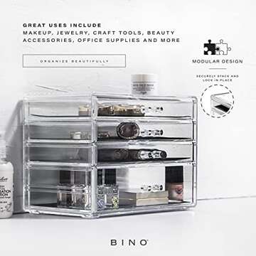 BINO THE MANHATTAN SERIES Acrylic Makeup Drawer Organizer- 4 Drawers | Clear Beauty Organizers and Storage| Cosmetic & Drawer| Home Organization| Jewelry Vanity Accessories