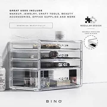 BINO THE MANHATTAN SERIES Acrylic Makeup Drawer Organizer- 4 Drawers | Clear Beauty Organizers and Storage| Cosmetic & Drawer| Home Organization| Jewelry Vanity Accessories