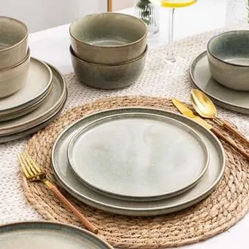 AmorArc Stoneware Dinnerware Sets,Round Reactive Glaze Ceramic Plates and Bowls Sets,Highly Chip and...