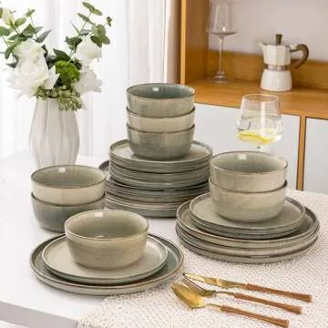 AmorArc Stoneware Dinnerware Sets,Round Reactive Glaze Ceramic Plates and Bowls Sets,Highly Chip and Crack Resistant | Dishwasher & Microwave Safe,Service for 8 Dishes Set (24pc)