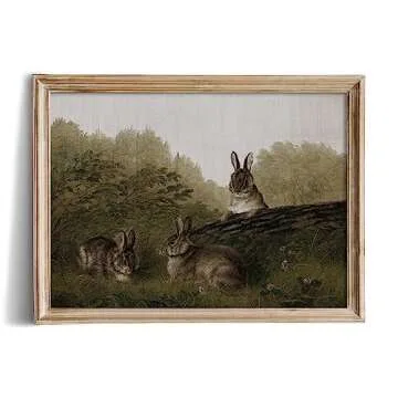 Farmhouse Landscape Forest Pictures Bedroom - Art Deco Wall Art for Kitchen - 11 x 14 Art Prints- Rustic Vintage Decor for Living Room - Antique French Poster - Rabbit Cute Animal Moody Oil Painting