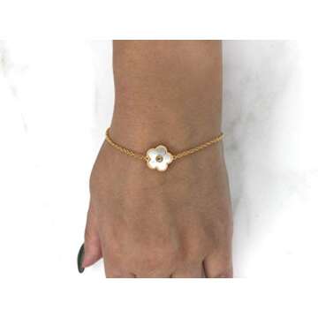 Lavari Jewelers Mother of Pearl Flower Bracelet for Women in 925 Sterling Silver with Yellow Gold Plating Adjustable Lobster Claw
