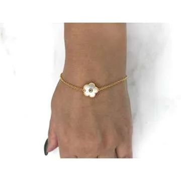 Lavari Jewelers Mother of Pearl Flower Bracelet for Women in 925 Sterling Silver with Yellow Gold Plating Adjustable Lobster Claw