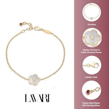 Lavari Jewelers Mother of Pearl Flower Bracelet for Women in 925 Sterling Silver with Yellow Gold Plating Adjustable Lobster Claw