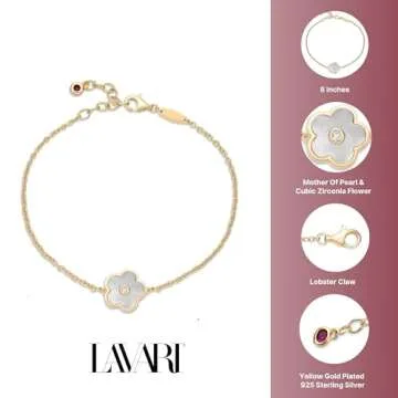 Lavari Jewelers Mother of Pearl Flower Bracelet for Women in 925 Sterling Silver with Yellow Gold Plating Adjustable Lobster Claw