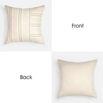 AELS 18x18 Decorative Farmhouse Linen Throw Pillow Covers, Boho Textured Pillow Case, Set of 2, Beige with White & Brown Stripe Patchwork Cushion Cover for Sofa Couch Living Room (Cover ONLY)