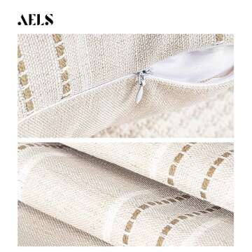AELS 18x18 Decorative Farmhouse Linen Throw Pillow Covers, Boho Textured Pillow Case, Set of 2, Beige with White & Brown Stripe Patchwork Cushion Cover for Sofa Couch Living Room (Cover ONLY)