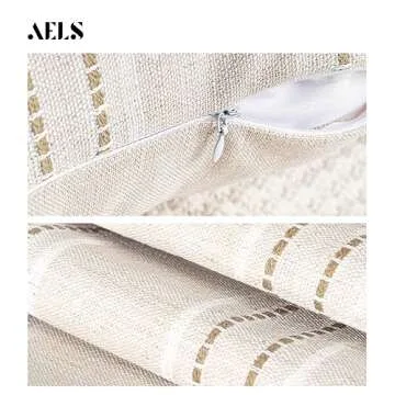 AELS 18x18 Decorative Farmhouse Linen Throw Pillow Covers, Boho Textured Pillow Case, Set of 2, Beige with White & Brown Stripe Patchwork Cushion Cover for Sofa Couch Living Room (Cover ONLY)