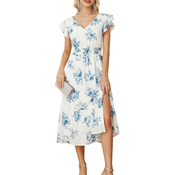 Womens Summer Floral V Neck Ruffle Sleeve Dress - A-Line Elegance for Any Occasion