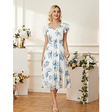 Elegant Summer Floral V Neck Ruffle Sleeve Dress