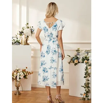 Elegant Summer Floral V Neck Ruffle Sleeve Dress