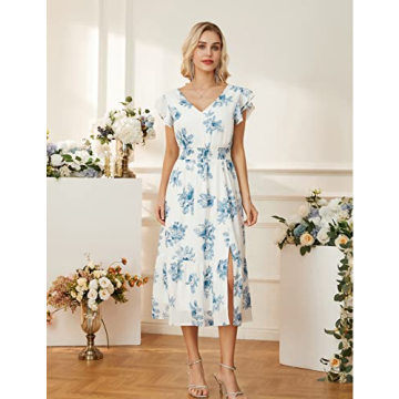 Elegant Summer Floral V Neck Ruffle Sleeve Dress