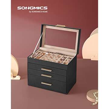 SONGMICS Jewelry Box with Glass Lid, 4-Layer Jewelry Organizer, 3 Drawers, for Sunglasses, Big Jewel...