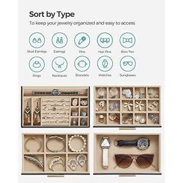SONGMICS Jewelry Box with Glass Lid, 4-Layer Jewelry Organizer, 3 Drawers, for Sunglasses, Big Jewelry, Jewelry Storage, Modern Style, Graphite Black and Gold Color UJBC161B02