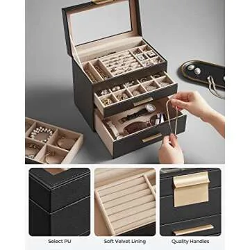 SONGMICS Jewelry Box with Glass Lid, 4-Layer Jewelry Organizer, 3 Drawers, for Sunglasses, Big Jewelry, Jewelry Storage, Modern Style, Graphite Black and Gold Color UJBC161B02