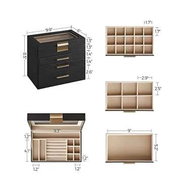 SONGMICS Jewelry Box with Glass Lid, 4-Layer Jewelry Organizer, 3 Drawers, for Sunglasses, Big Jewelry, Jewelry Storage, Modern Style, Graphite Black and Gold Color UJBC161B02