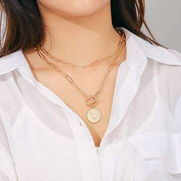 Yoosteel Layered Necklaces for Women, Vintage Medallion Necklace Retro Paperclip Chain Link Necklace Layered Coin Necklaces for Women