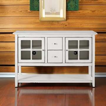 Walker Edison Charlotte Classic Glass Door Storage Buffet, 52 Inch, Antique White