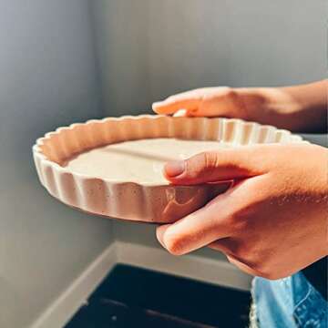 Mora Ceramic Tart Pan, 9.5 Inch Large Porcelain Baking Dish for Tarts, Quiche, Pie, Flan etc. Fluted Ruffled Edge, Oven, Microwave, Freezer, and Dishwasher safe - Great Gift For Bakers - Chai