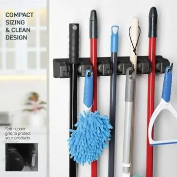 2 Pack Mop and Broom Holder Wall Mount - Garage Storage Organizer with 5 Slots, 6 Hooks, 7.5lbs Capacity Per Slot - Home, Kitchen, Closet, Laundry Room Organization – Black Broom Hanger