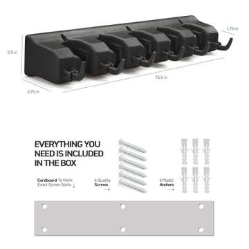 2 Pack Mop and Broom Holder Wall Mount - Garage Storage Organizer with 5 Slots, 6 Hooks, 7.5lbs Capacity Per Slot - Home, Kitchen, Closet, Laundry Room Organization – Black Broom Hanger