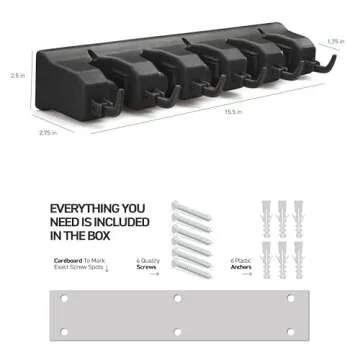 2 Pack Mop and Broom Holder Wall Mount - Garage Storage Organizer with 5 Slots, 6 Hooks, 7.5lbs Capacity Per Slot - Home, Kitchen, Closet, Laundry Room Organization – Black Broom Hanger