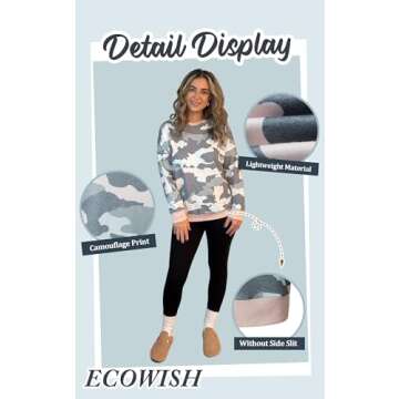 ECOWISH Women Side Split Sweatshirt: Fall Crewneck Long Sleeve Oversized Camo Shirts Casual Camouflage Print Pullover Tops 233 Army Green M
