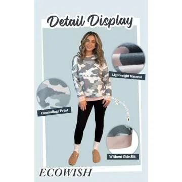 ECOWISH Women Side Split Sweatshirt: Fall Crewneck Long Sleeve Oversized Camo Shirts Casual Camouflage Print Pullover Tops 233 Army Green M