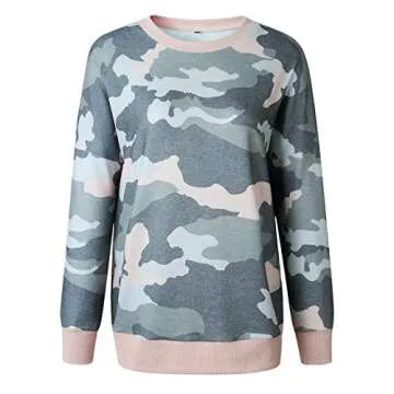 ECOWISH Women Side Split Sweatshirt: Fall Crewneck Long Sleeve Oversized Camo Shirts Casual Camouflage Print Pullover Tops 233 Army Green M